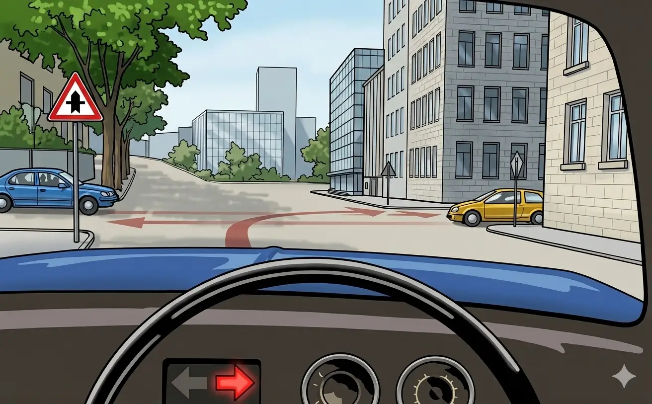 Driver's view approaching a priority sign at an intersection, a blue car on the left and a yellow car on the right